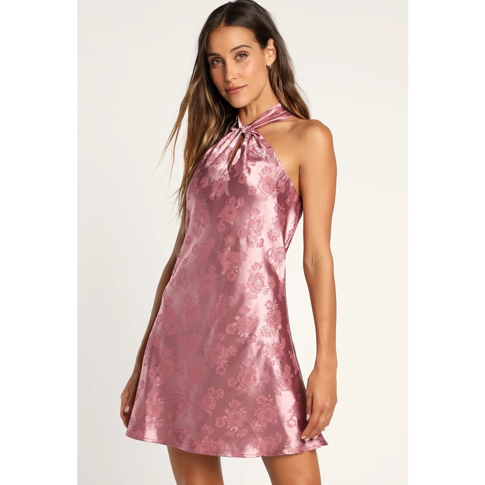 Lulus Got the Key Mauve Satin Floral Jacquard Halter Mini Dress NWT Medium